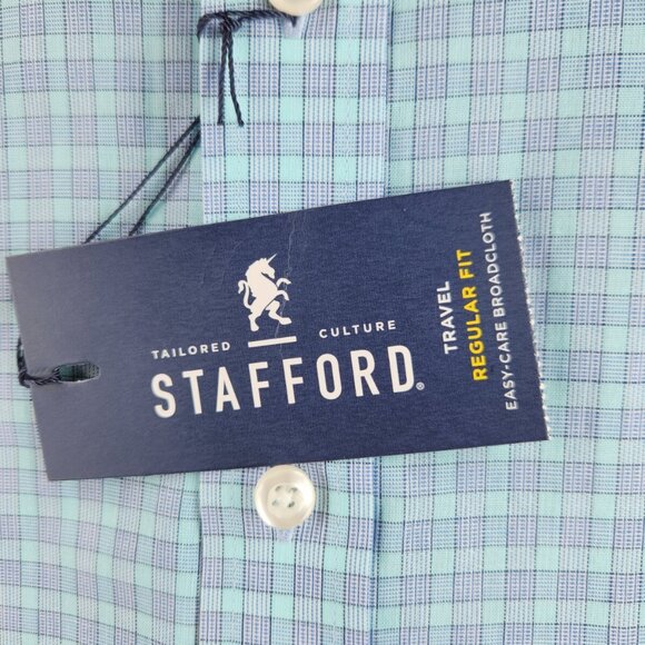 NWT Stafford Travel Button Up Shirt Green Blue Check 14.5 32/33 Regular Woven - Picture 14 of 16